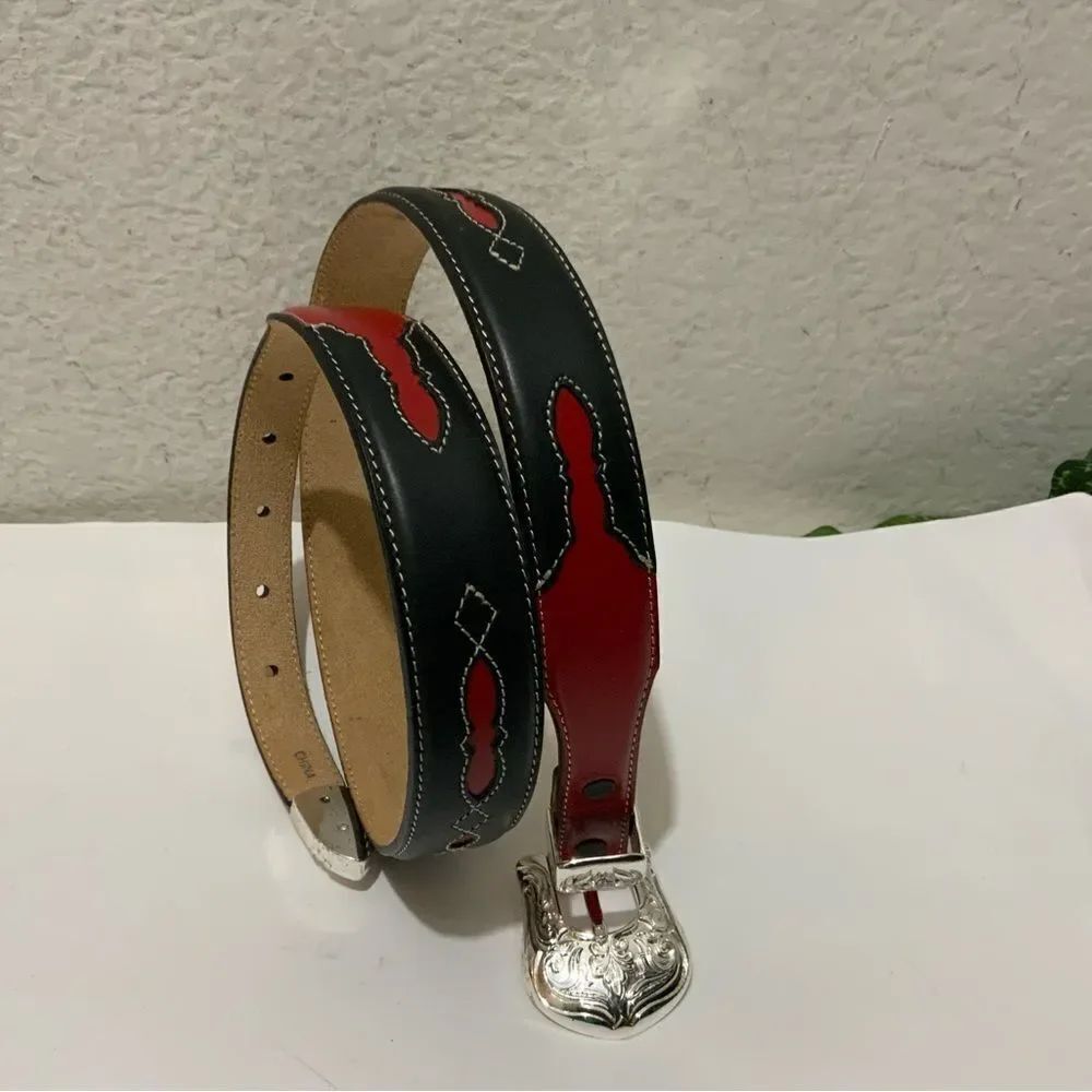 New Justin Black Red white stitches leather Belt unisex Size 32